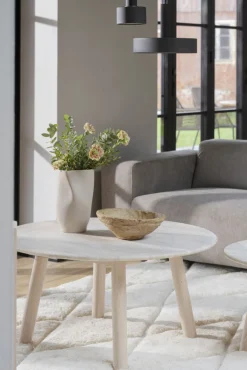 Taransay soffbord Ø90 beige travertin/vitpigmenterad ek